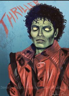 a painting of a man with green eyes and black hair wearing a red leather jacket