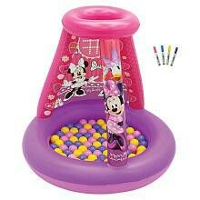 an inflatable ball pit with minnie mouse and mickey mouse on top, surrounded by balls