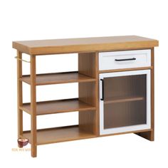 a wooden shelf with two shelves and one door on the top, has an oven built into it