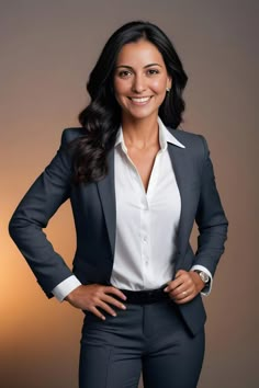 a woman in a business suit posing for a photo with her hands on her hips