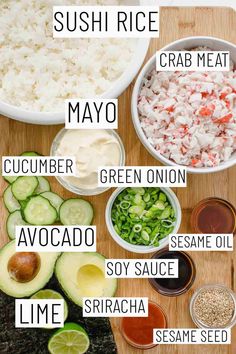 the ingredients to make sushi rice on a cutting board