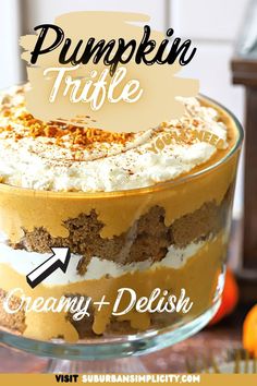 pumpkin trifle cake with creamy and delish frosting in a glass dish