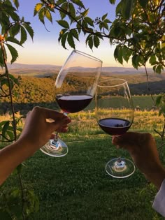 two people toasting with red wine in front of a scenic view at sunset or sunrise