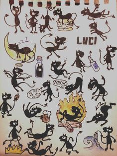 a drawing of cats and mice with the words luci written below them in black ink