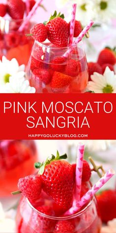 pink moscato sangria with strawberries and flowers in the background