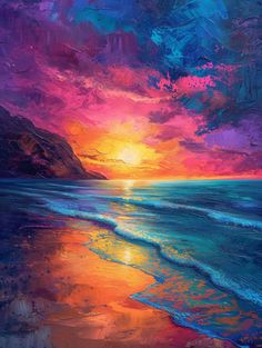 a painting of a sunset over the ocean