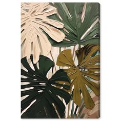 an abstract painting with tropical leaves and foliage on the wall, in shades of green, beige