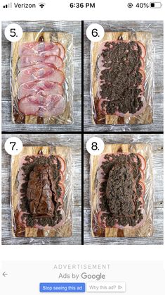 four pictures showing how to make a ham and brownie sandwich with chocolate chips on top