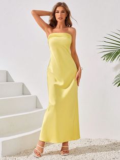 Solid Color Strapless Elegant Dress For Women, Perfect For Daily Wear Cocktail Semi Formal Wedding Guest Dress, For Birthday, Graduation, Dinner, Homecoming Yellow Elegant  Sleeveless Satin Plain A Line,Fitted Non-Stretch  Weddings & Events, size features are:Bust: ,Length: ,Sleeve Length: Strapless Sleeveless Dress For Spring Banquet, Yellow Sleeveless Evening Dress For Banquet, Spring Strapless Sleeveless Dress For Banquet, Strapless Sleeveless Dress For Prom, Banquet Maxi Dress With Straight Neckline, Yellow Strapless Sleeveless Dress For Party, Yellow A-line Midi Dress For Brunch, Semi Formal Wedding Guest Dress, Fitted Yellow A-line Midi Dress