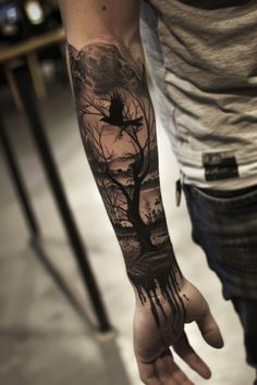 Forearm tattoo of a tree with crows and dripping ink effect. Knife Sleeve Tattoo, Black Forearm Tattoo For Men, Forearm Skull Tattoos For Guys, Gothic Male Tattoos, Gothic Forearm Tattoos Men, Mens Dark Tattoos, Matching Sleeve Tattoos, Reaper Forearm Tattoo, Tattoo Designs Men Arm Sleeve