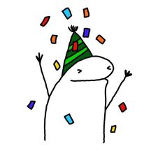 a drawing of a person wearing a party hat with confetti and streamers