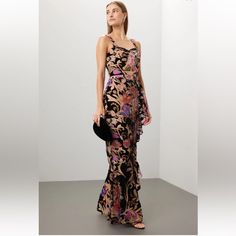 Bought From Rent The Runway. Preowned Condition. No Tears Or Rips. Black Floral Jacquard (100% Polyester). Sheath. Sleeveless. Strapless. Back Zipper Closure. 52" From Shoulder To Hemline. Curve Contouring Ruffle And Bustier Style Bodice Brings Instant Glamour To This Sexy Floral Gown By Dress The Population. Paris Gown, Black Paris, Floral Gown, Dress The Population, Floral Jacquard, Medium Purple, Long Gown, Floral Sleeveless, Formal Gowns