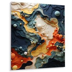 an abstract painting with many different colors and shapes on it's surface, including blue, yellow, orange, and white