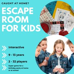 the escape room for kids flyer is shown with two children looking at their phones and playing games