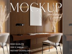 the front cover of a magazine with an image of a desk and chair in it