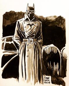 a black and white drawing of a man in a trench coat standing next to a car