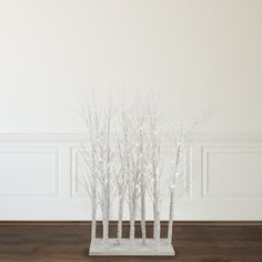 a group of white trees sitting on top of a wooden floor next to a wall