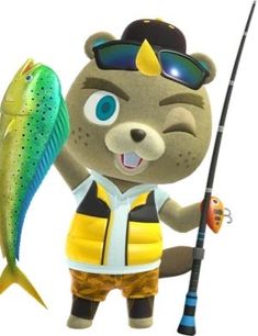 a cartoon bear is holding a fish and fishing pole while wearing sunglasses on his head