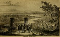 an old drawing of men standing in front of a bridge