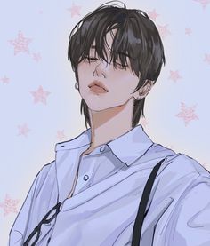 an anime character with black hair wearing a blue shirt and suspenders, standing in front of stars