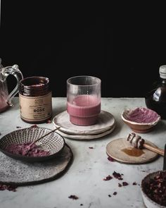 the table is covered with different types of powders and other things to make it