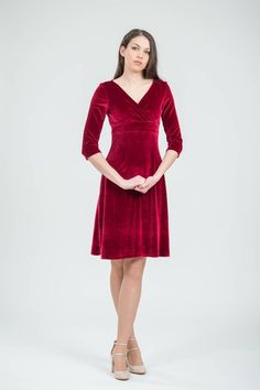 Burgundy velvet dress knee length Red velour evening gown with sleeves Womens formal clothing - avai Fitted A-line Velvet Dress For Formal Occasions, Velvet A-line Cocktail Dress, Elegant Fitted A-line Velvet Dress, Elegant Velvet Midi Cocktail Dress, Elegant Fitted Knee-length Velvet Dress, Elegant Knee-length Velvet Dress For Formal Occasions, Formal Knee-length Fitted Velvet Dress, Knee-length Fitted Velvet Dress For Formal Occasions, Elegant Velvet Midi Dress For Gala