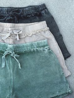 Dreamy waffle knit shorts with pockets!! Perfect for lounging or running errands! You choose color: black, taupe or basil (green). DETAILS:• 100% cotton• Mineral-washed and vintage, distressed appearance• Elastic waist and drawcord• Side pockets• 2" inseam• Model is 5'9", a size 2, and is wearing an S Waffle Knit Shorts, Beachy Fashion, Green Details, Cute Preppy Outfits, Aberdeen, Outfit Goals, Knit Shorts