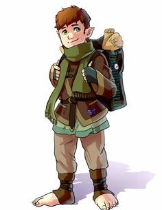 a boy with a green scarf and brown pants is holding a book bag in his hand