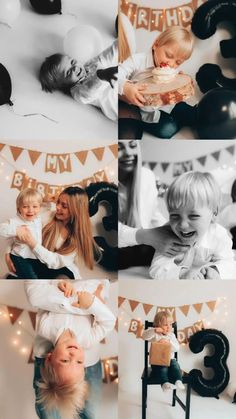 a woman holding a baby in her arms while posing for pictures with balloons and streamers