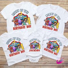 three personalized birthday shirts with the characters from toy story on them, one for each child