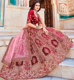 Red and Pink Sabhyasachi Wedding Bridal Party Wear Bridal Lehenga Choli For Women Ready to Wear in USA Girls Velvet Bridal Lehenga, Bordeaux Wedding, Pink Bridal Lehenga, Heavy Lehenga