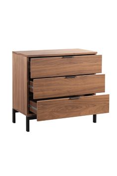 a wooden dresser with three drawers on one side and an open drawer on the other