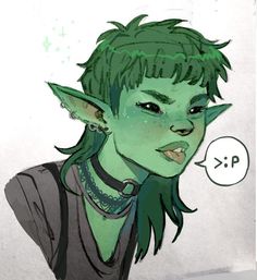 a drawing of a woman with green hair