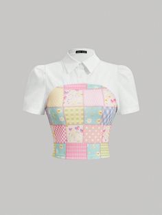 Multicolor Casual,Boho Collar Short Sleeve Polyester Patchwork Top Embellished Slight Stretch  Women Clothing Future Clothes, Patchwork Top, After Life, Women Blouses, Modest Fashion Outfits, Really Cute Outfits, Teenage Fashion Outfits, Plaid Print