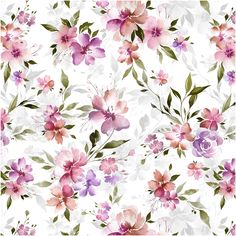 watercolor floral pattern with pink and purple flowers on a white background for wallpaper