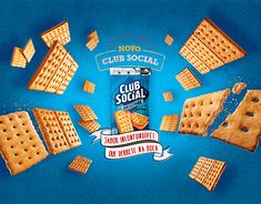 an advertisement for club social with crackers and chips