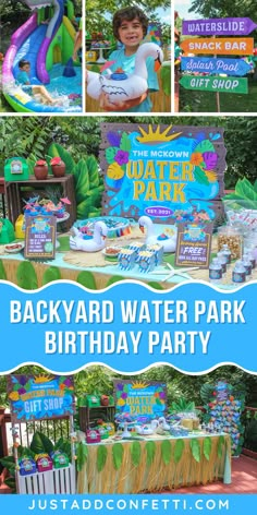 the backyard water park birthday party is set up with decorations and signs for guests to enjoy