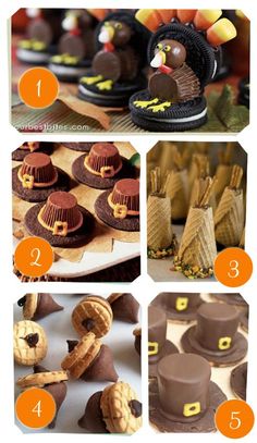 chocolate desserts and treats are arranged in four different ways to make them look like they're ready for thanksgiving