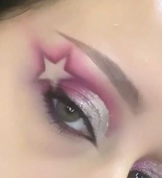 Pink Makeup Looks Concert, Pink Star Eye Makeup, Pink Rock Makeup, Y2k Makeup Looks Pink, Creative Birthday Makeup Looks, Pink New Years Makeup, Rhinestone Eyeshadow Look, Pink Sparkle Eyeshadow, Makeup Looks With Stars