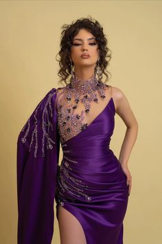 Fabric: Charmeuse; Silhouette: Sheath/Column; Neckline: High Neck; Hemline/Train: Floor-Length; Embellishment: Beads; Ruched; Sleeve: One Sleeve; Waist: Natural; Back Style: Zipper; Built-In Bra: Yes; Shown Color: Regency; Season: Spring; Summer; Fall; Winter; Egyptian Dress Goddesses, Armenian Fashion, Train Skirt, Purple Satin Dress, Egyptian Dress, Celestial Dress, One Shoulder Prom Dress, Intricate Beading, Beaded Prom Dress