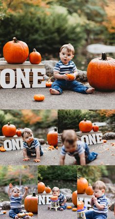 a little boy sitting on the ground with pumpkins in front of him and some words that spell out one