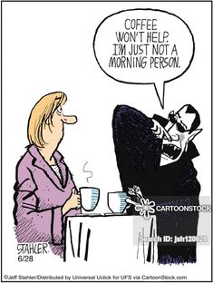 a cartoon depicting two people talking to each other at a table with coffee cups in front of them