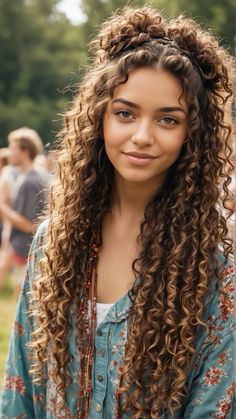 Boho Hair For Curly Hair, Curly Boho Hair, Textured Half Up Half Down Hair, Soft Curly Hairstyles, Boho Curly Hair, Curly Hair Half Up, Boho Curly Hairstyles, Boho Chic Hair, Natural Curly Hair Cuts