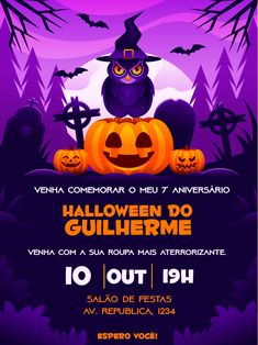 a halloween party flyer with pumpkins and witches on the night sky in purple tones