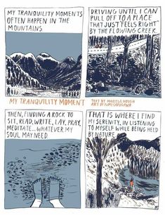 four paneled comic strip with mountains and trees in the background