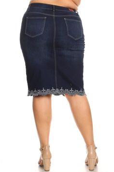 You will love this adorable Jean skirt that has lace detailing along the hem. It is mid length and comes below the knee. It has a solid, yet stretchy form to it and fits wonderfully! This skirt measures true to size. Measures 28 inches in length XS: Waist 28", Hip 35" small- Waist: 30" Hip 37.25" Medium- Waist: 32.25", Hip: 39.5" Large-Waist: 34.5", Hip 41.75" XL: Waist: 37", Hip 44" 2XL: Waist 39.25", Hip 46.25" 3XL: Waist 41.5", Hip 48.5" Stretch Lace Trim Skirt, Fitted Pencil Skirt With Frayed Hem, Casual Fitted Bottoms With Lace Trim, Fitted Denim Pencil Skirt With Frayed Hem, Fitted Short Skirt With Frayed Hem, Fitted Skirt With Frayed Hem In Short Length, Stretch Short Denim Skirt With Lining, Knee-length Fitted Denim Skirt, Spring Skirt With Lace Trim And Stretch