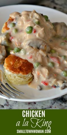 a white plate topped with chicken pot pie covered in gravy next to a fork