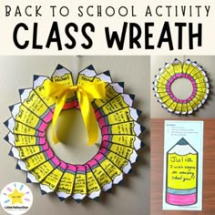 the back to school activity class wreath is made with construction paper and glue it's attached to a bulletin board