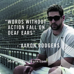 a man sitting on the bleachers with a quote about words without action fall on dear ears