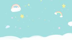 the sky is filled with stars, clouds and rainbows in pastel blue colors